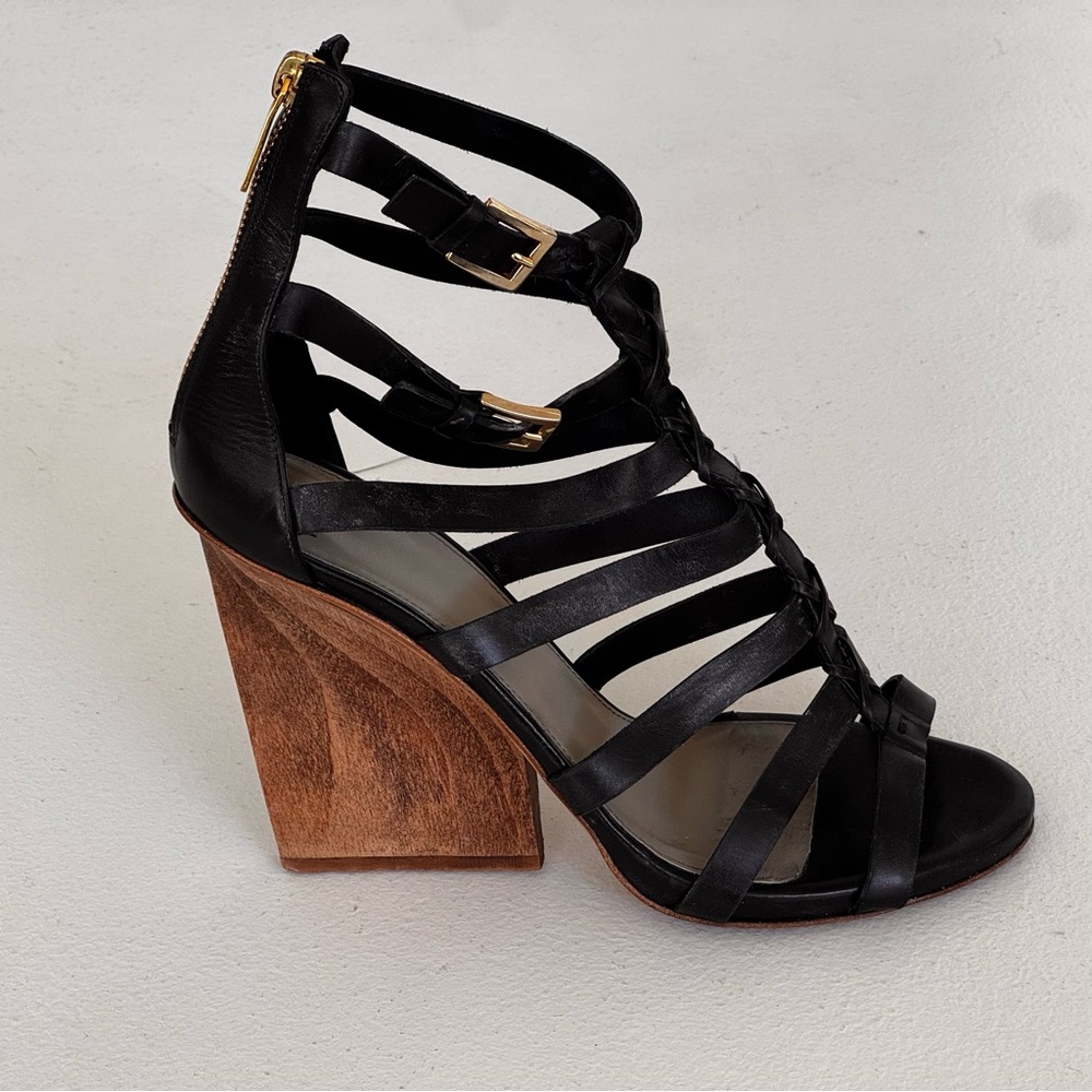 Maiyet Kate Cage Wedge Sandals Black Leather Size 8.5 Strappy Heel